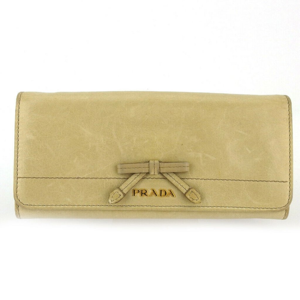 Prada Purse Ribbon Motif Beige Leather Authentic Used